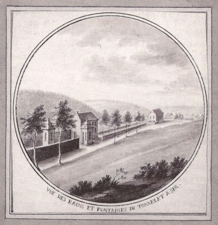 Vue des bains et fontaines du Tonnelet vers 1780 (Dessin d’Antoine Leloup) 