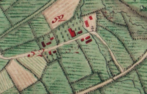 Hameau de Préfaihay en 1777 - Extrait carte Ferraris On remarque la présence d’une croix à peu près à l’emplacement de l’oratoire actuel (?)