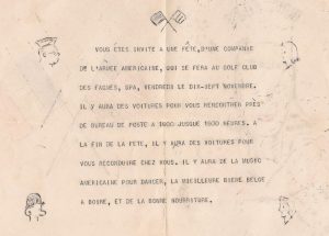 Invitation américaine pour une fête au Golf club des Fagnes (collection Yvonne Orval) Le 22/10/1944, le 17th Signal Battalion, J.P. Gess, Major occupait les lieux