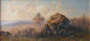 Peinture à l’huile de Gérard Antoine Crehay représentant la Grosse Pierre en 1921, au loin se profile la colline de Balmoral (collection Marc Hans)