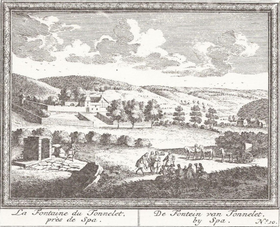 La Fontaine du Tonnelet en 1734, gravure illustrant les « Amusemens des Eaux de Spa ». L’auteur de la gravure n’est pas connu (collection Fonds Body - Spa).